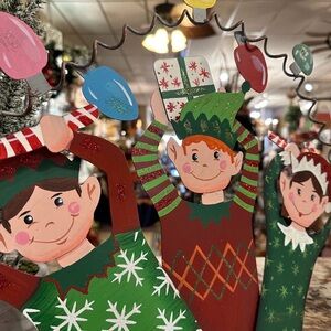 Festive Holiday Elf Decor Playful Elves Metal Outdoor Stake with Easel